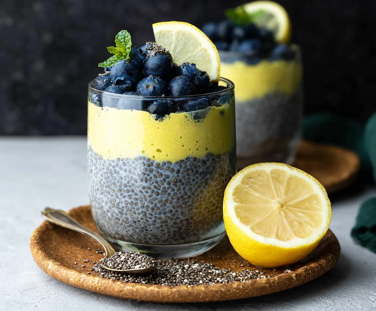 Delicious Lemon Blueberry Chia Pudding with fresh blueberries and zesty lemon slices in a clear glass bowl.