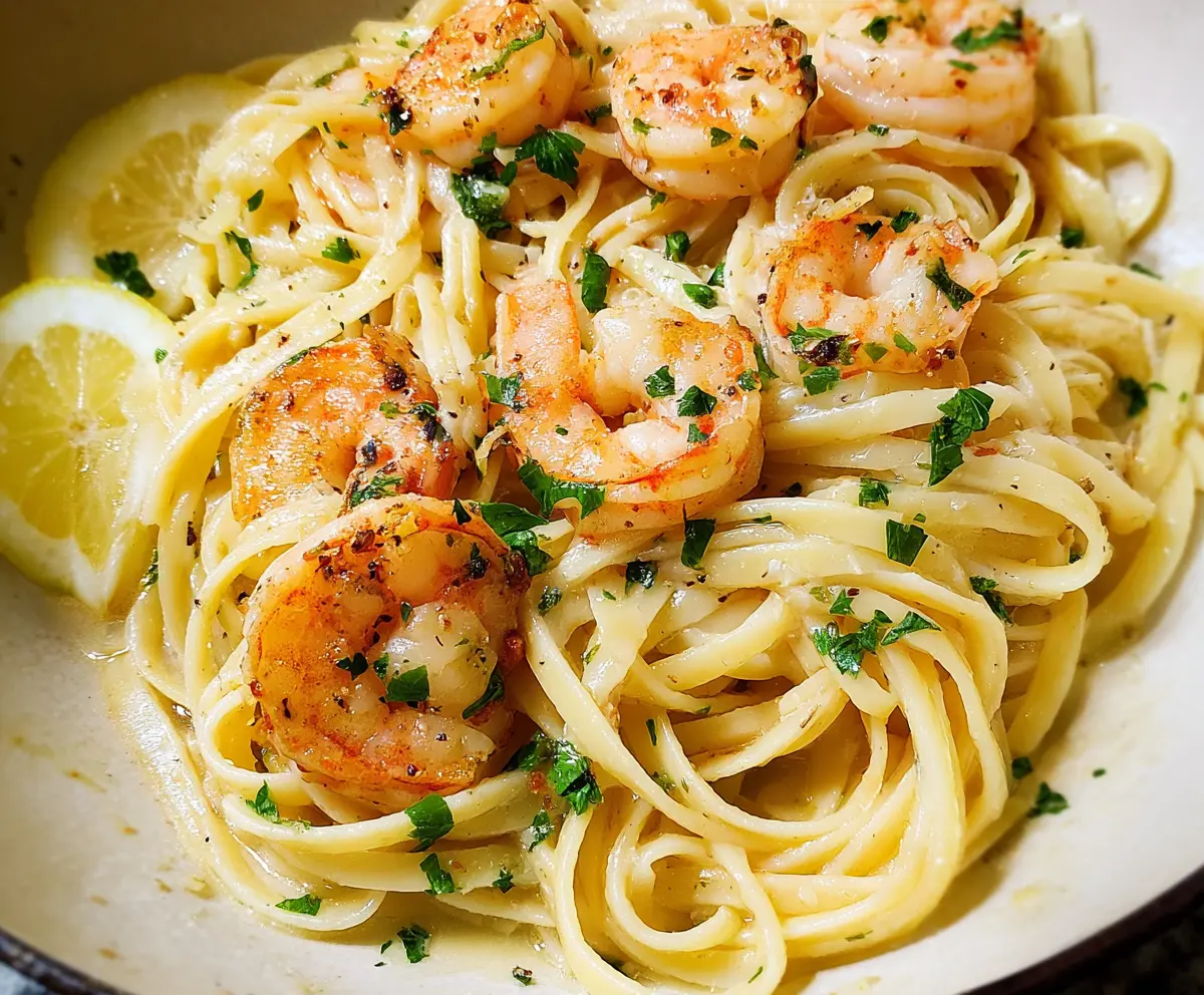 Delicious linguine shrimp scampi dish with garlic and herbs on a white plate