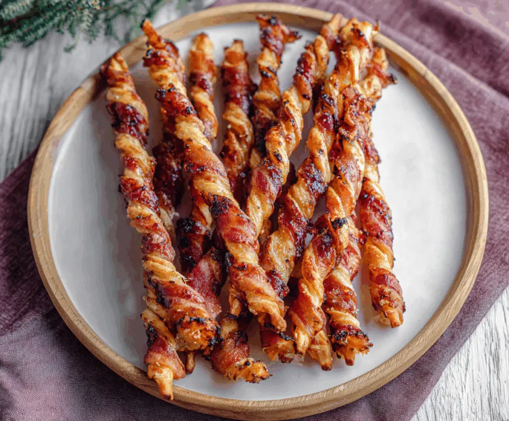 Golden maple bacon twists on a plate, garnished with sesame seeds and fresh herbs.