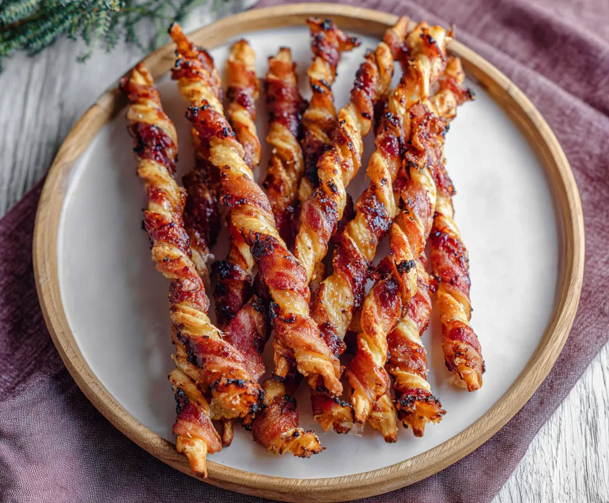 Golden maple bacon twists on a plate, garnished with sesame seeds and fresh herbs.