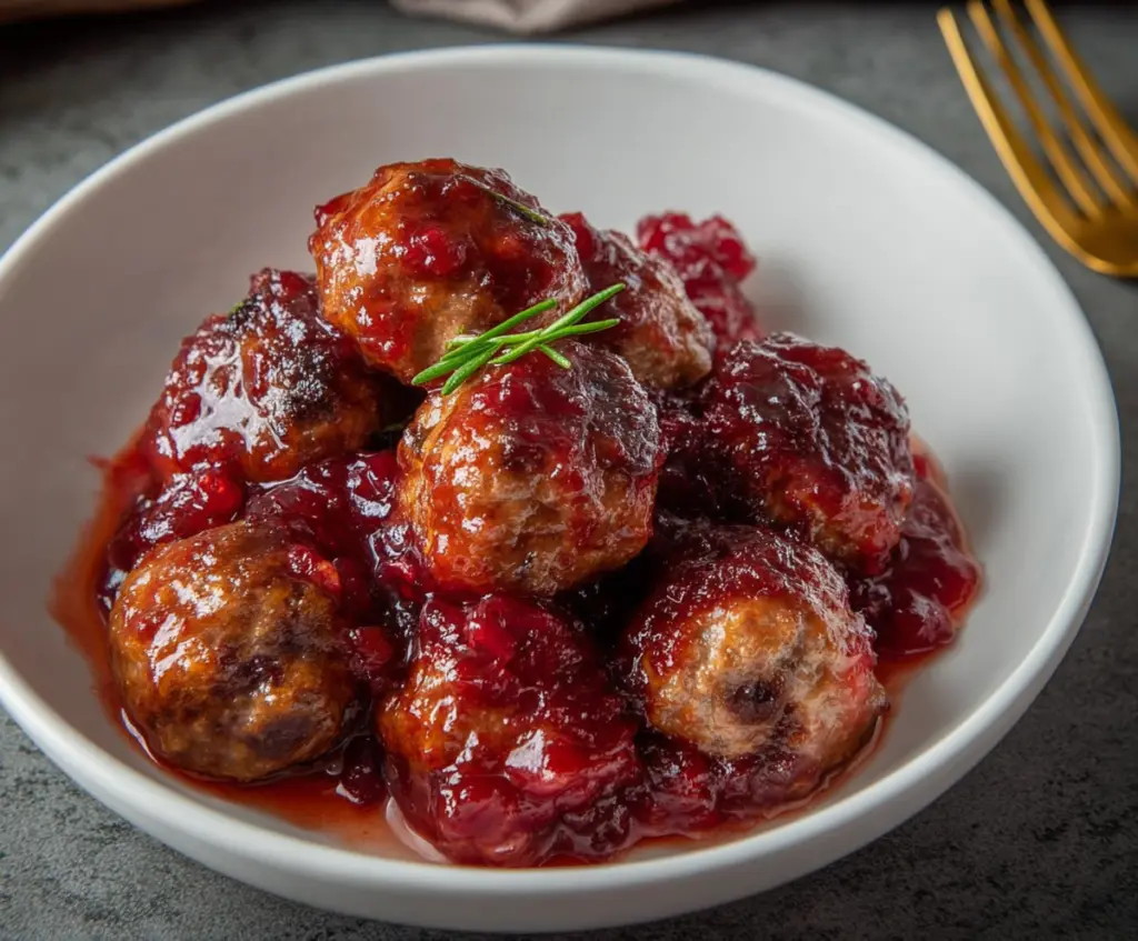 Delicious meatballs served in a rich cranberry sauce, perfect for holiday appetizers.