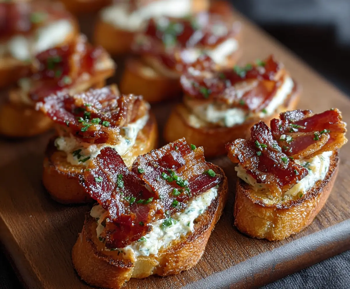 Delicious Million Dollar Bacon Crostini topped with crispy bacon and creamy cheese on toasted bread