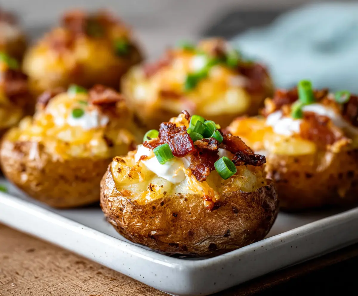 Delicious mini loaded baked potato bites topped with cheese, bacon, and green onions.