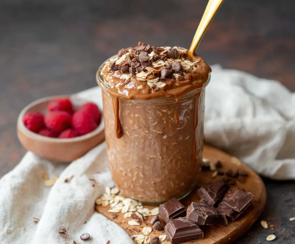 Creamy mocha overnight oats topped with chocolate and coffee beans in a glass jar.