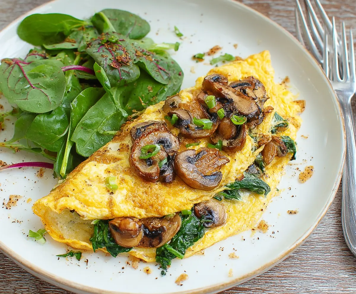 Delicious mushroom and spinach omelet garnished with herbs, perfect for a healthy breakfast.