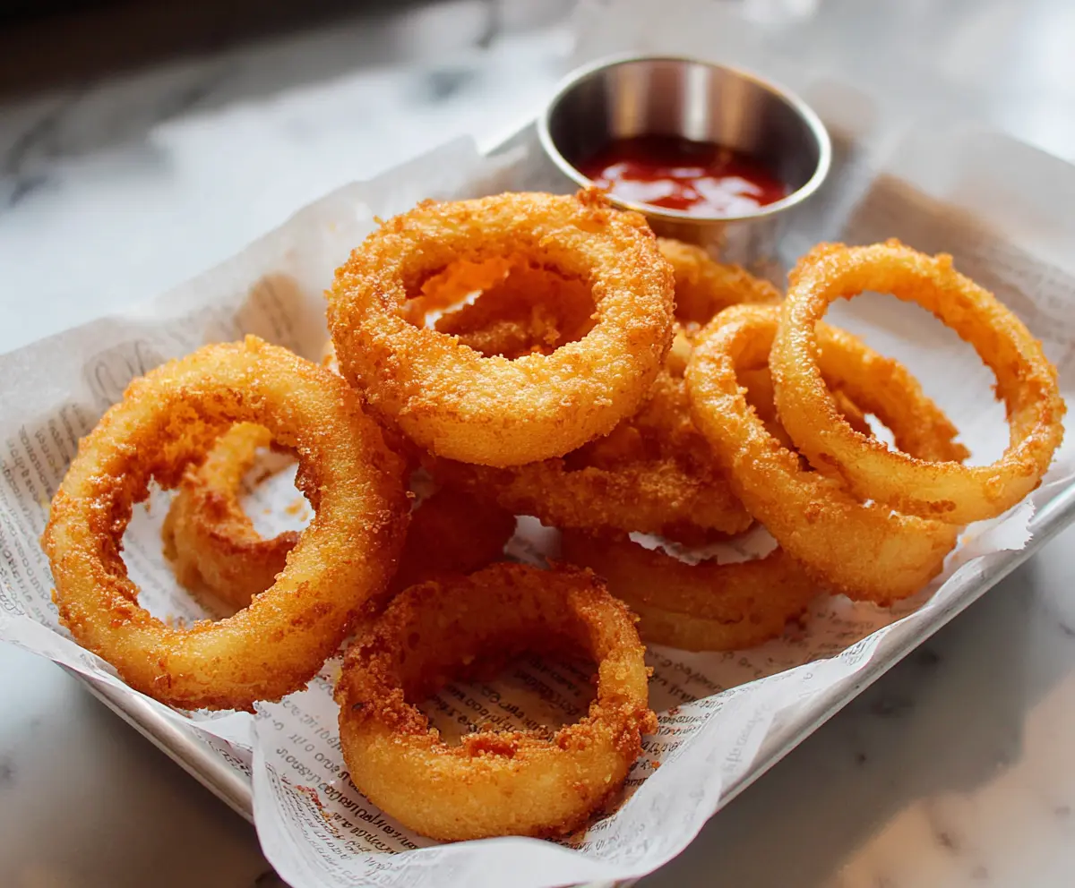 Crispy golden onion rings served with a dipping sauce on a white plate