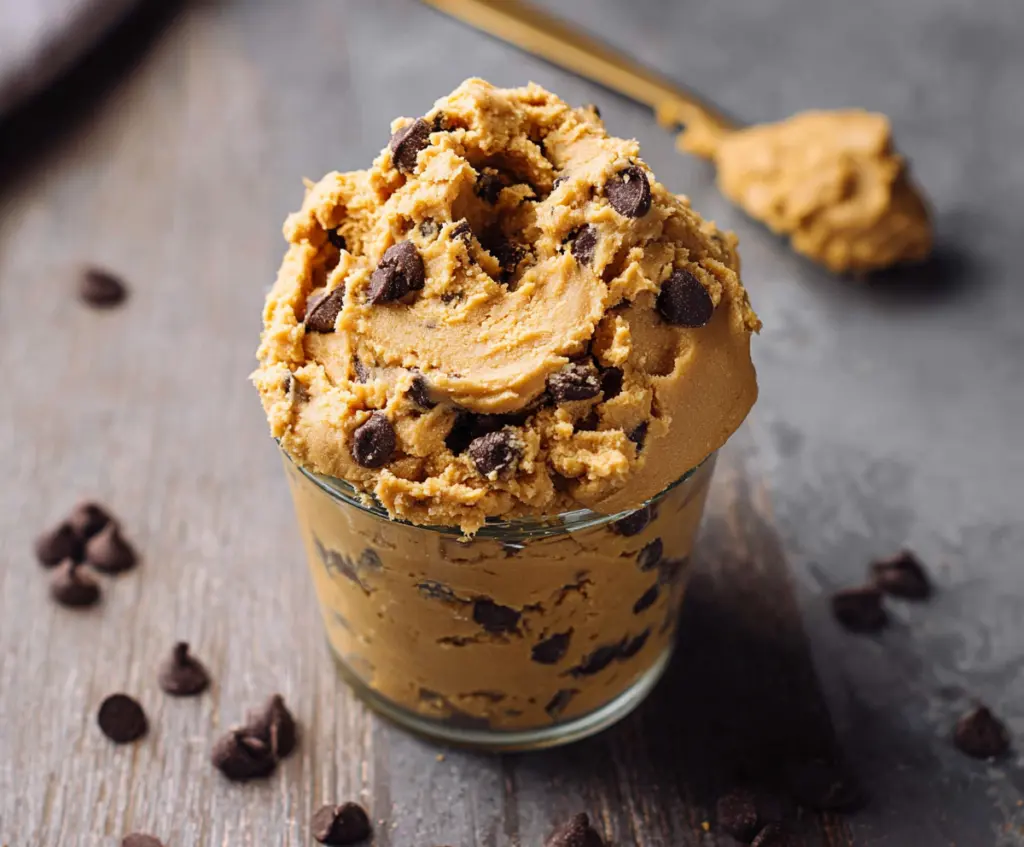 Healthy peanut butter chickpea protein cookie dough in a bowl, ideal for a nutritious snack.