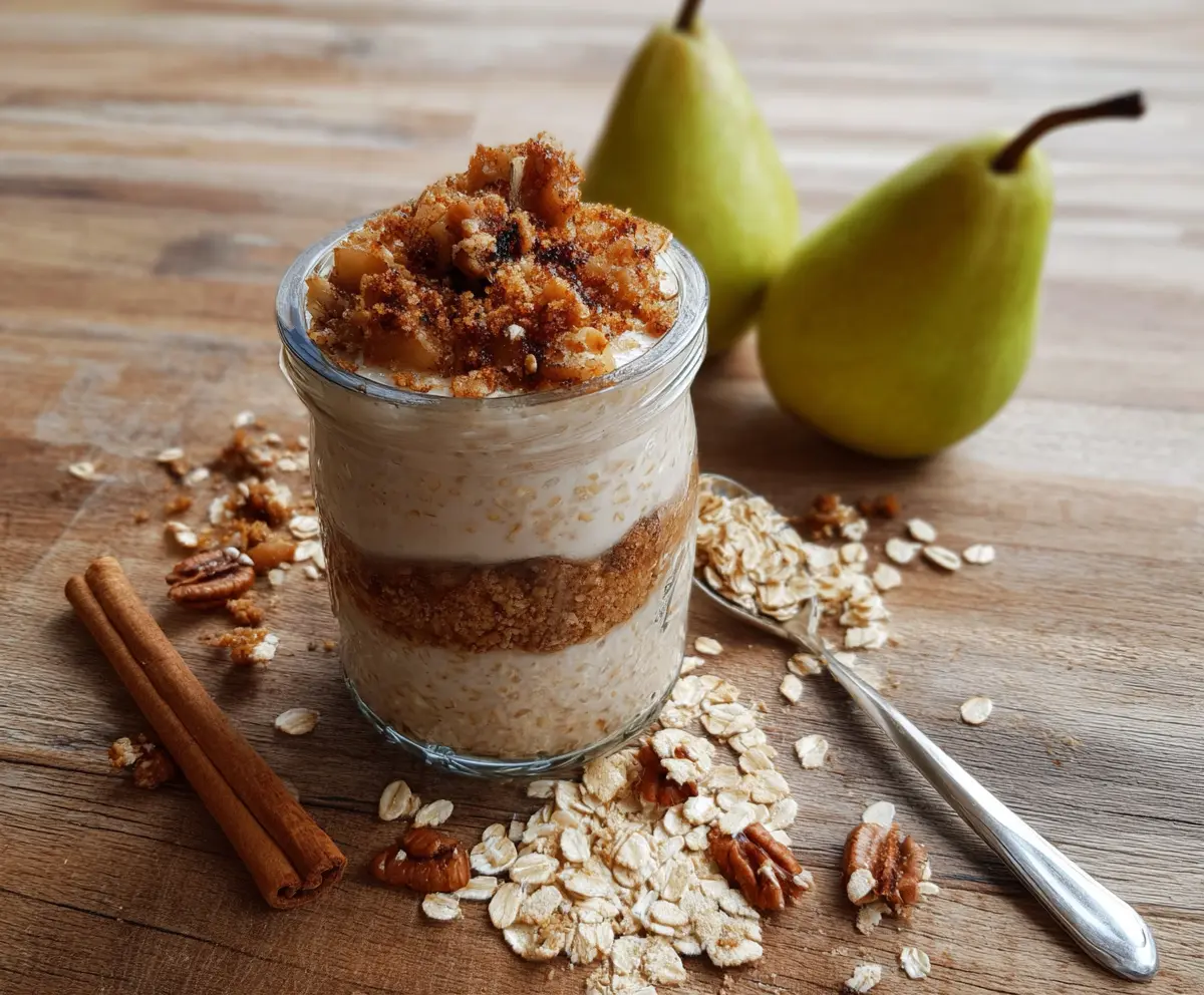 Delicious Pear Crumble Overnight Oats in a glass jar topped with sliced pears and crumble topping