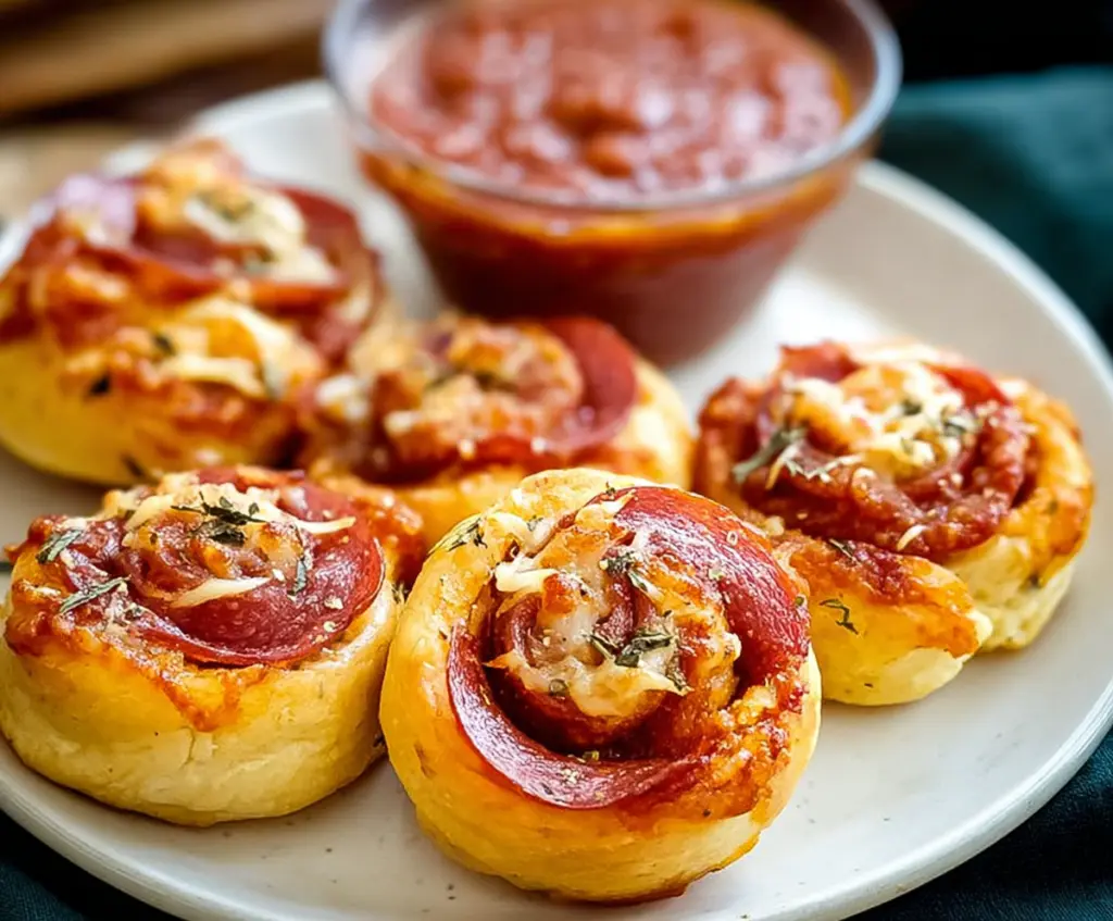Delicious pepperoni pinwheels with golden crust and melted cheese, perfect as an appetizer or snack.