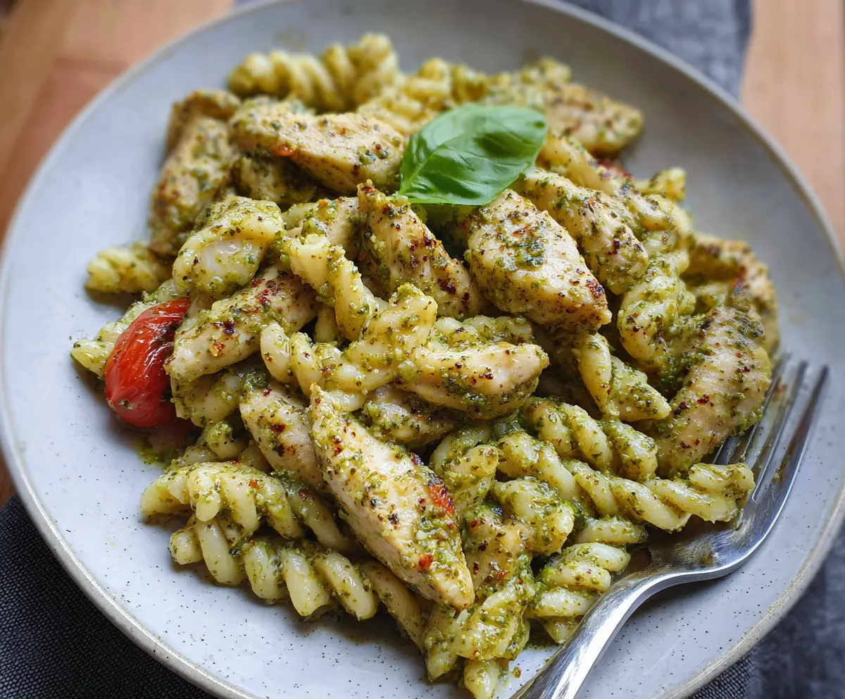 Delicious pesto chicken pasta dish with fresh basil and melted cheese