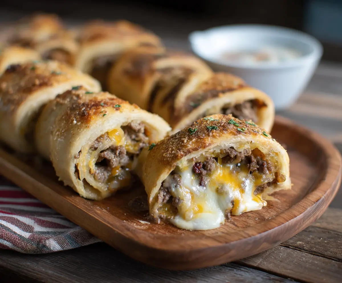 Delicious Philly Cheesesteak Roll Ups with melted cheese and savory beef wrapped in a soft roll.