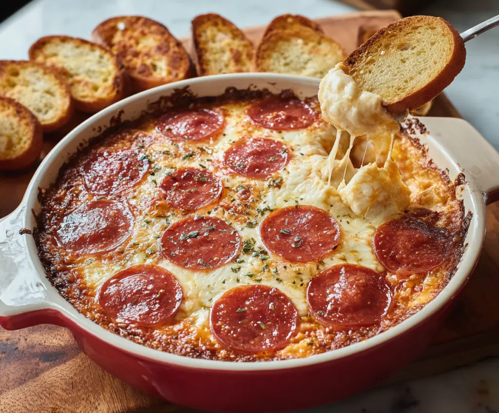 Delicious cheesy pizza dip with melted cheese, pepperoni, and fresh herbs for a perfect appetizer.