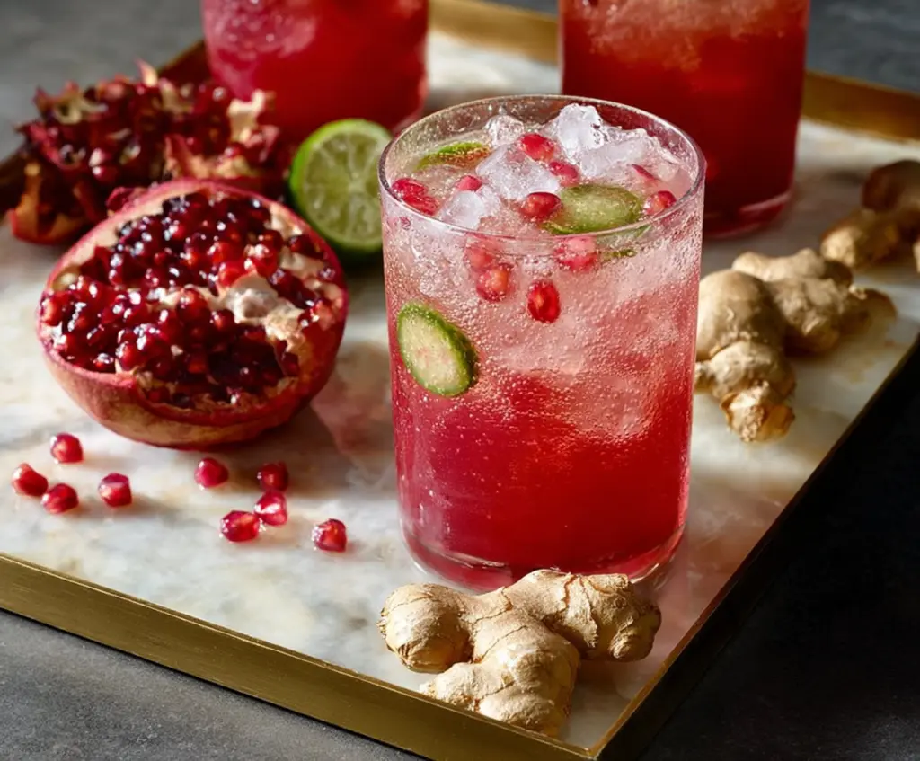Refreshing Pomegranate Ginger Fizz cocktail garnished with pomegranate seeds and fresh ginger slices.