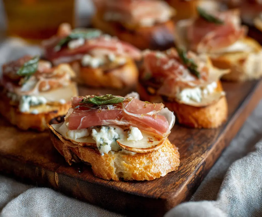 Delicious Prosciutto Pear Gorgonzola Crostini topped with fresh herbs on a rustic serving plate.