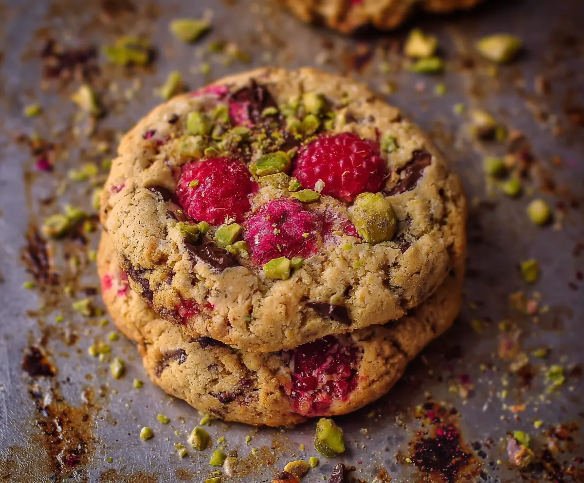 Delicious Raspberry and Pistachio Cookies with vibrant red berries and green pistachios on a rustic plate