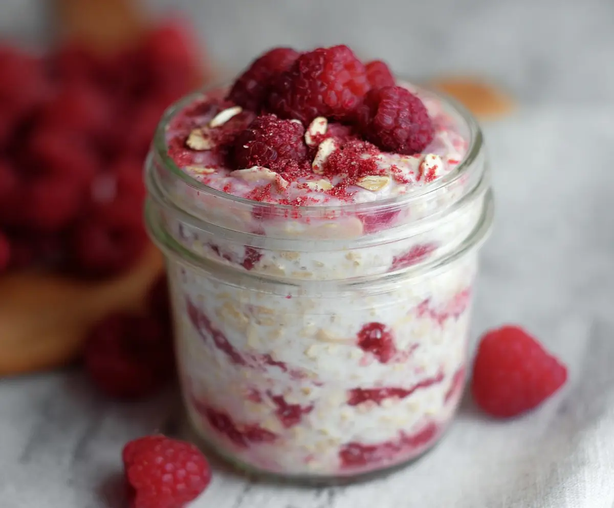 Creamy raspberry cheesecake overnight oats with fresh raspberries and a hint of vanilla in a glass jar