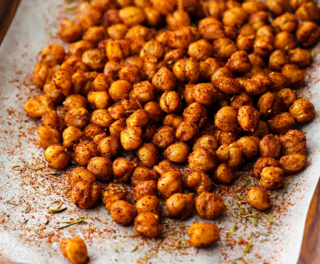 Crispy roasted chickpeas seasoned with spices for a healthy snack.