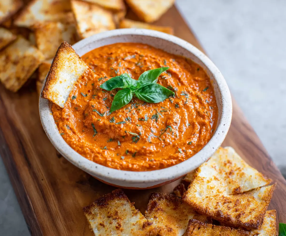 Creamy roasted red pepper dip served with fresh vegetables and pita bread.