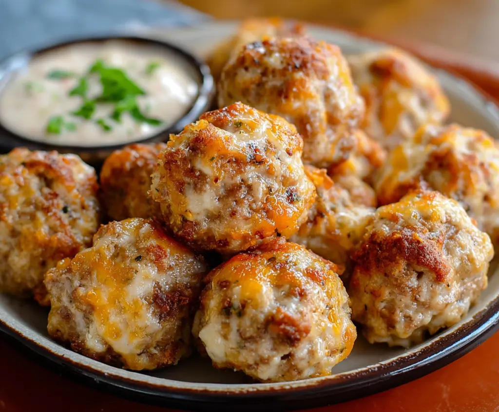 Delicious Rotel sausage balls with melted cream cheese on a serving platter.