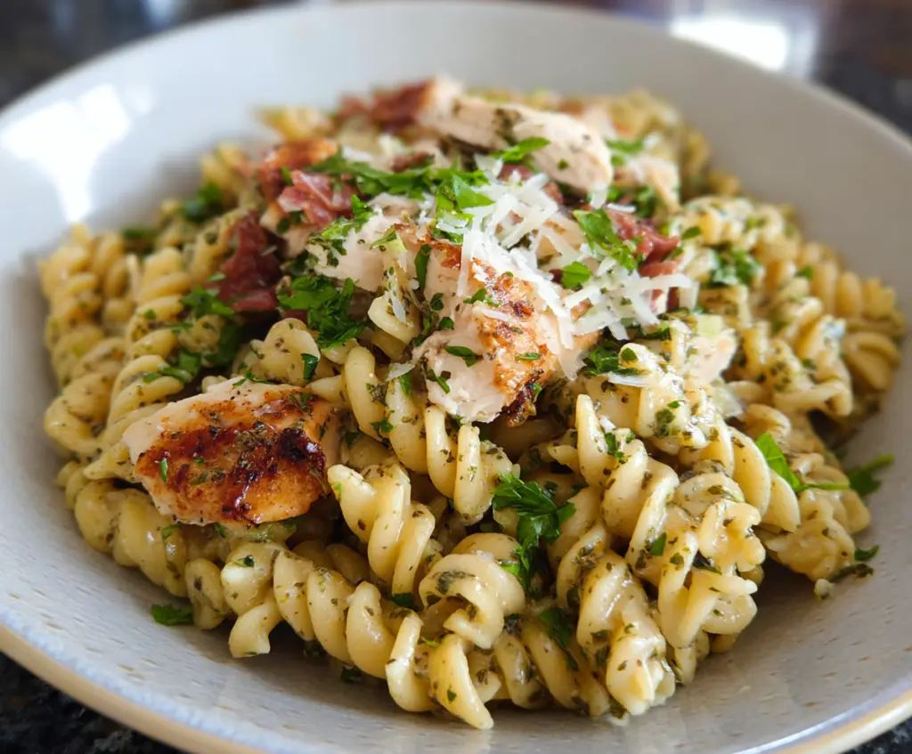 Delicious rotisserie chicken pasta served on a white plate, garnished with fresh herbs.