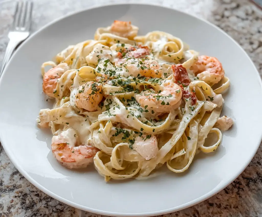 Delicious seafood Alfredo pasta with creamy sauce and fresh seafood ingredients on a plate