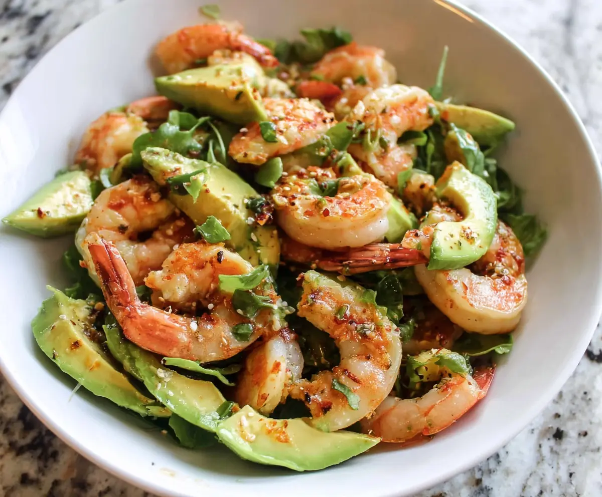 Fresh shrimp and creamy avocado salad with cherry tomatoes on a white plate, perfect for healthy eating.