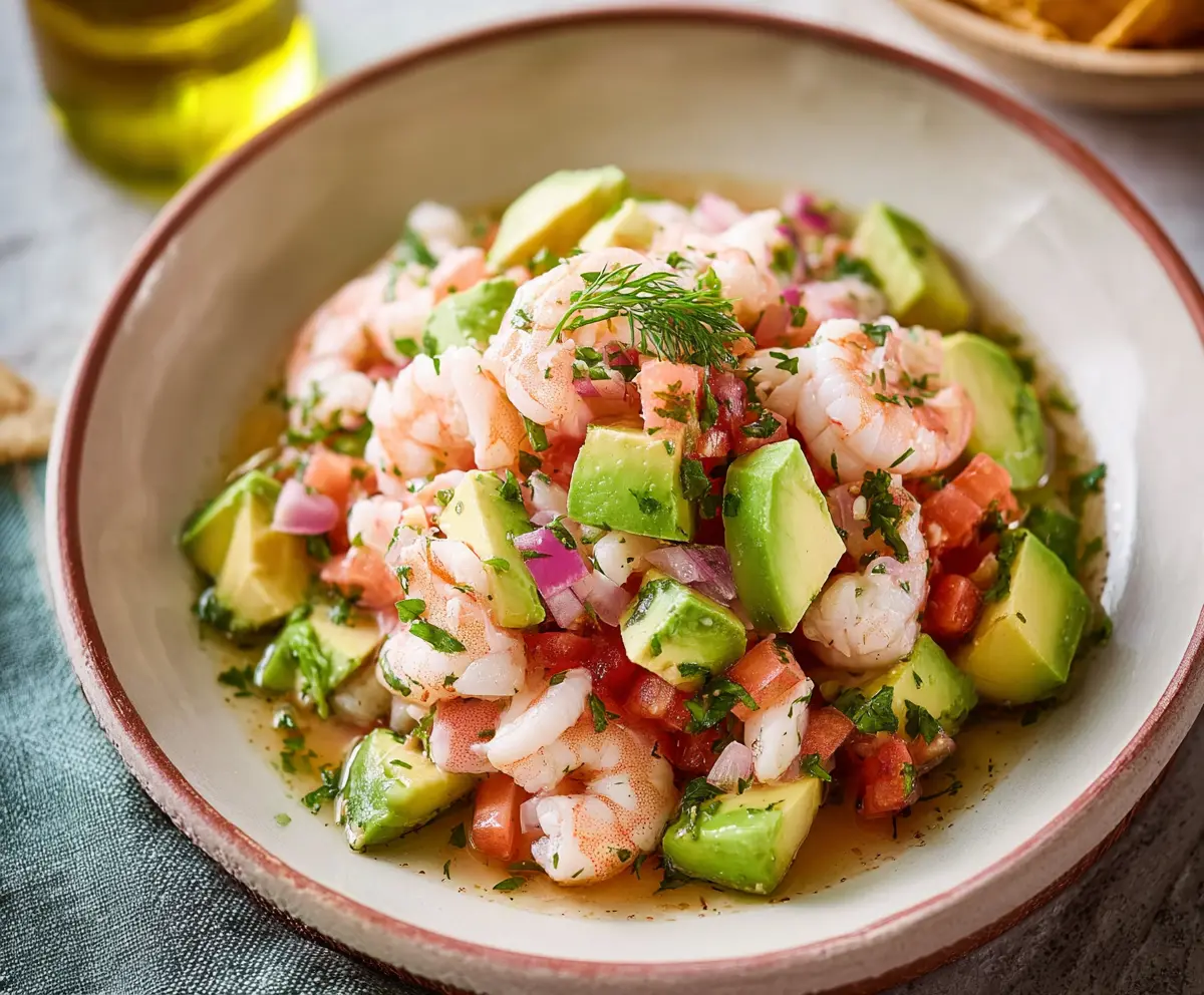 Fresh shrimp ceviche with ripe avocado slices, perfect for a flavorful seafood appetizer.