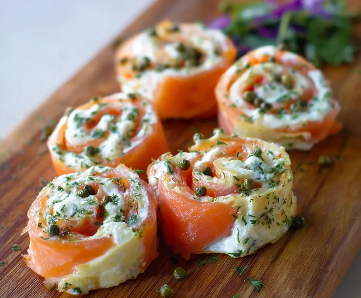 Delicious smoked salmon pinwheels with cream cheese and fresh herbs, perfect appetizer for parties.