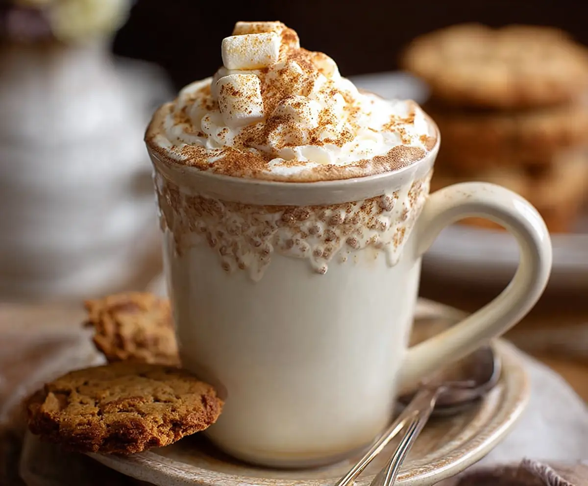 A cozy mug of Snickerdoodle Hot Chocolate topped with whipped cream and cinnamon sugar.