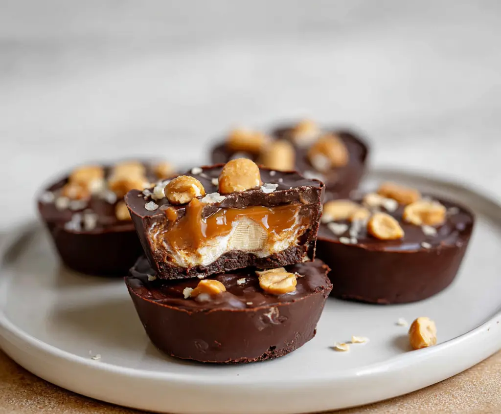 Delicious Snickers Cups with rich chocolate, caramel, and peanut filling in a cupcake liner.