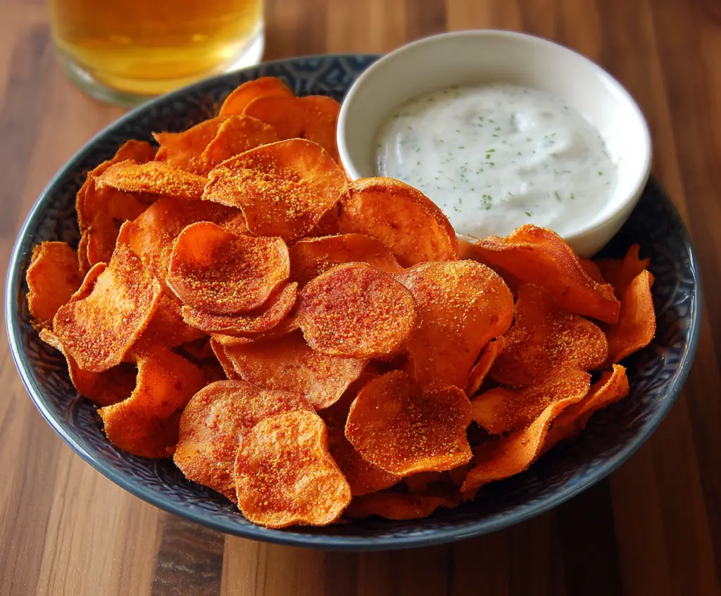 Crispy spicy sweet potato chips on a rustic plate for a tasty snack.
