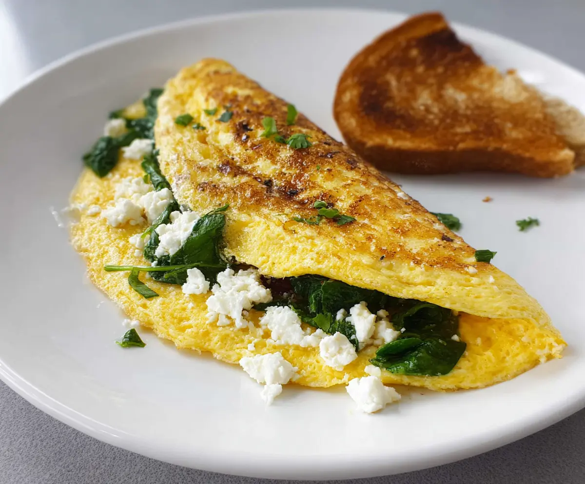 Delicious spinach and feta omelet with fresh ingredients on a breakfast plate