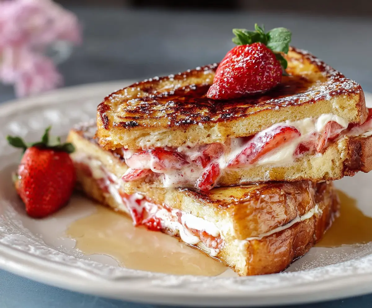 Delicious strawberry French toast topped with fresh strawberries and syrup on a breakfast plate.