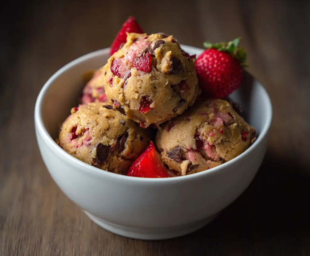 Healthy strawberry protein cookie dough dessert in a bowl with fresh strawberries and chocolate chips.