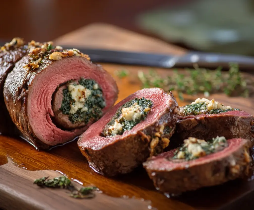 Juicy stuffed beef tenderloin rolled with herbs and vegetables, perfect for a gourmet dinner.