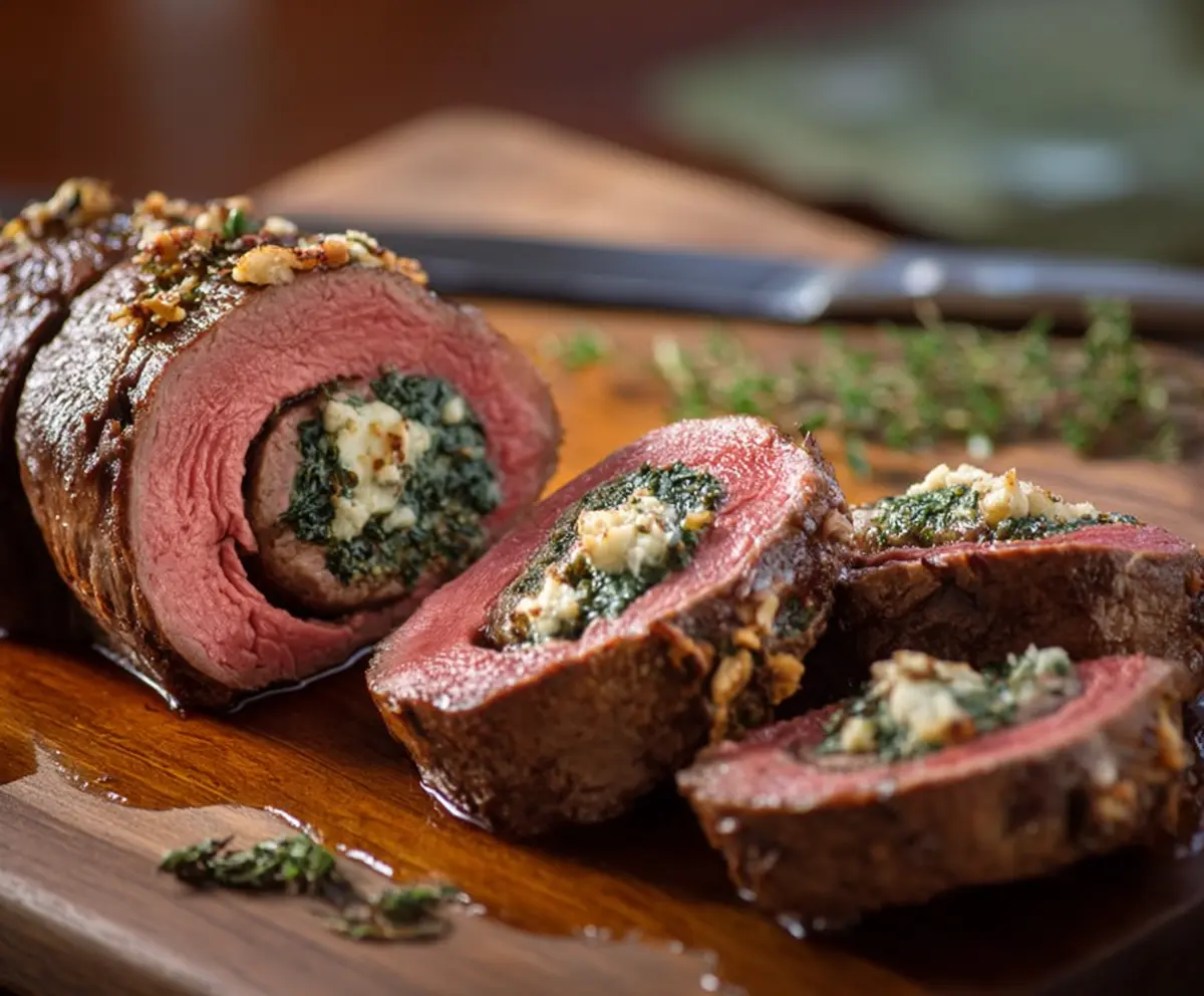 Juicy stuffed beef tenderloin rolled with herbs and vegetables, perfect for a gourmet dinner.