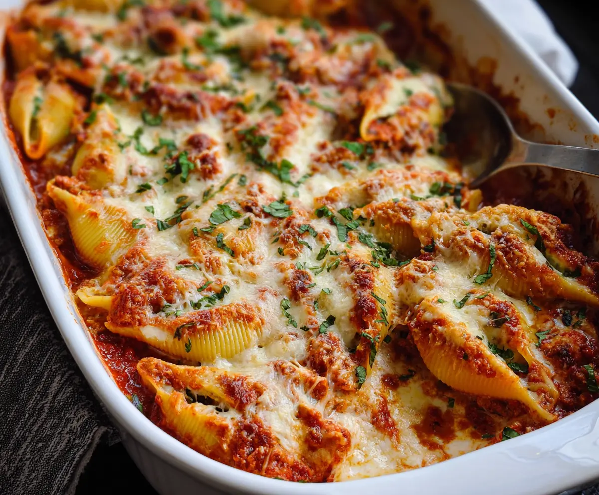 Delicious baked stuffed shells filled with ricotta cheese and marinara sauce, garnished with fresh herbs.