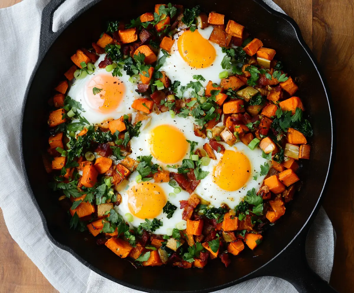 Delicious sweet potato breakfast hash with colorful vegetables and herbs on a plate.