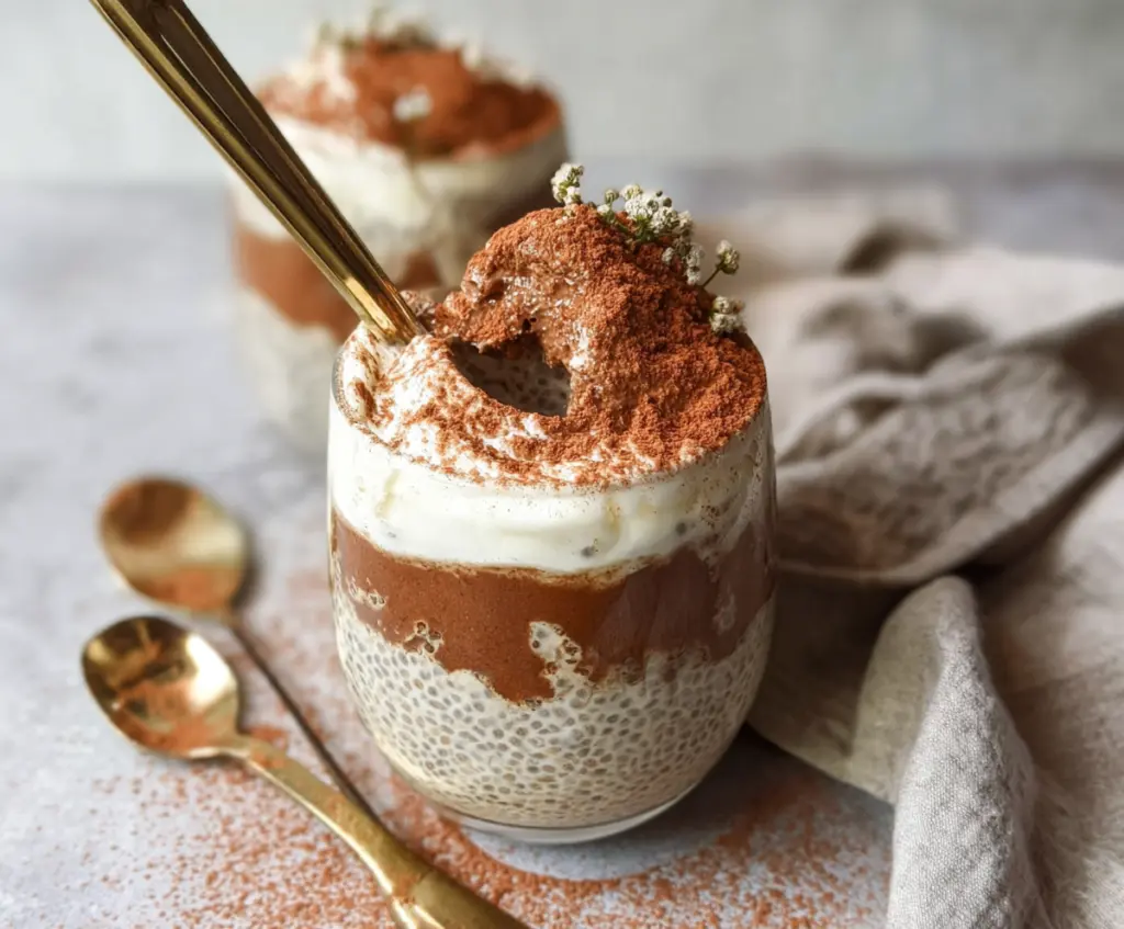 Delicious Tiramisu Chia Pudding with coffee-flavored layers and cocoa powder topping.