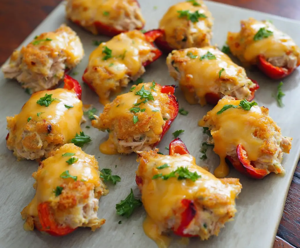 Delicious Tuna Melt Poppers with melted cheese and crispy breading.
