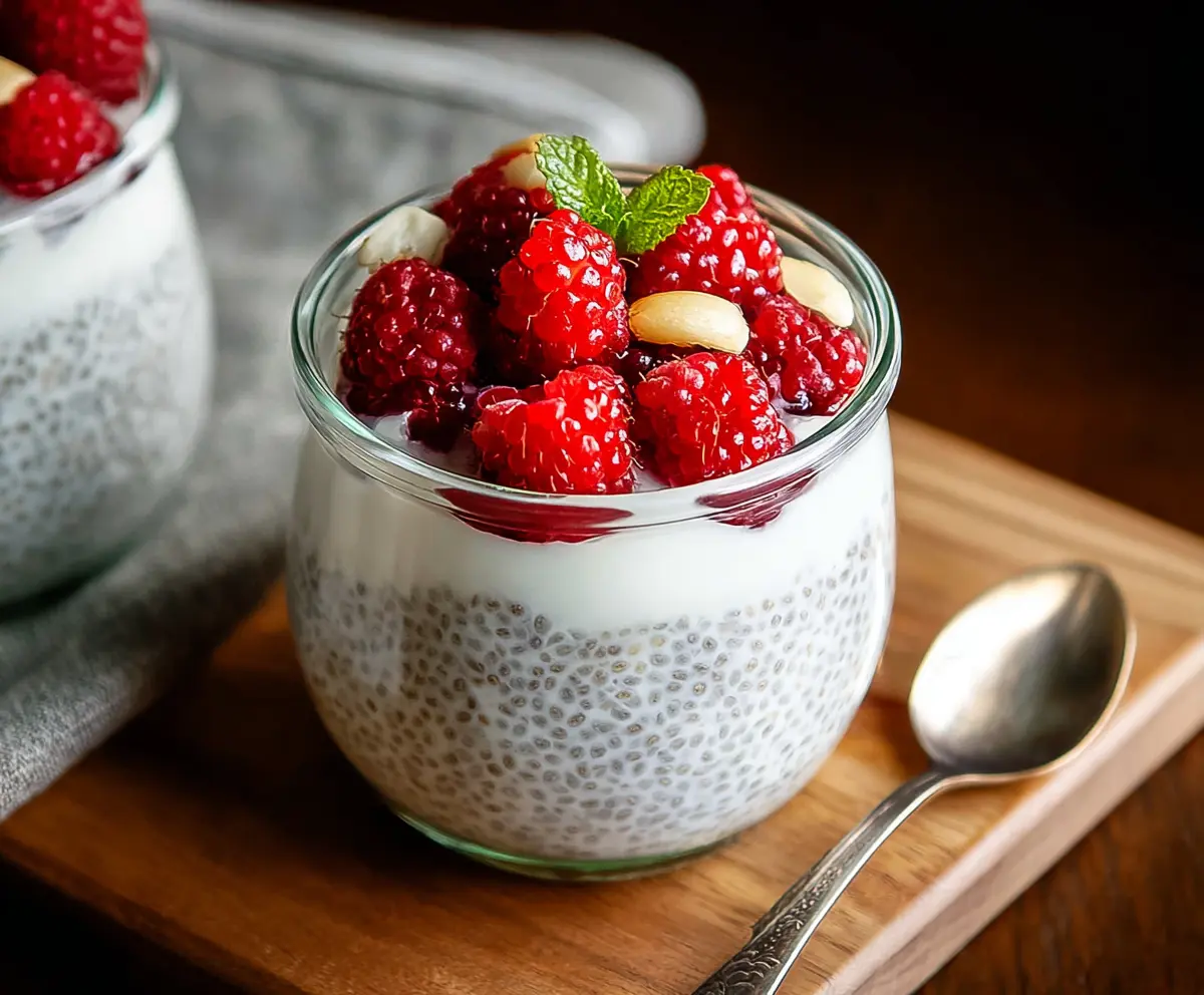 Creamy vanilla chia seed pudding topped with Greek yogurt and fresh berries in a glass bowl.