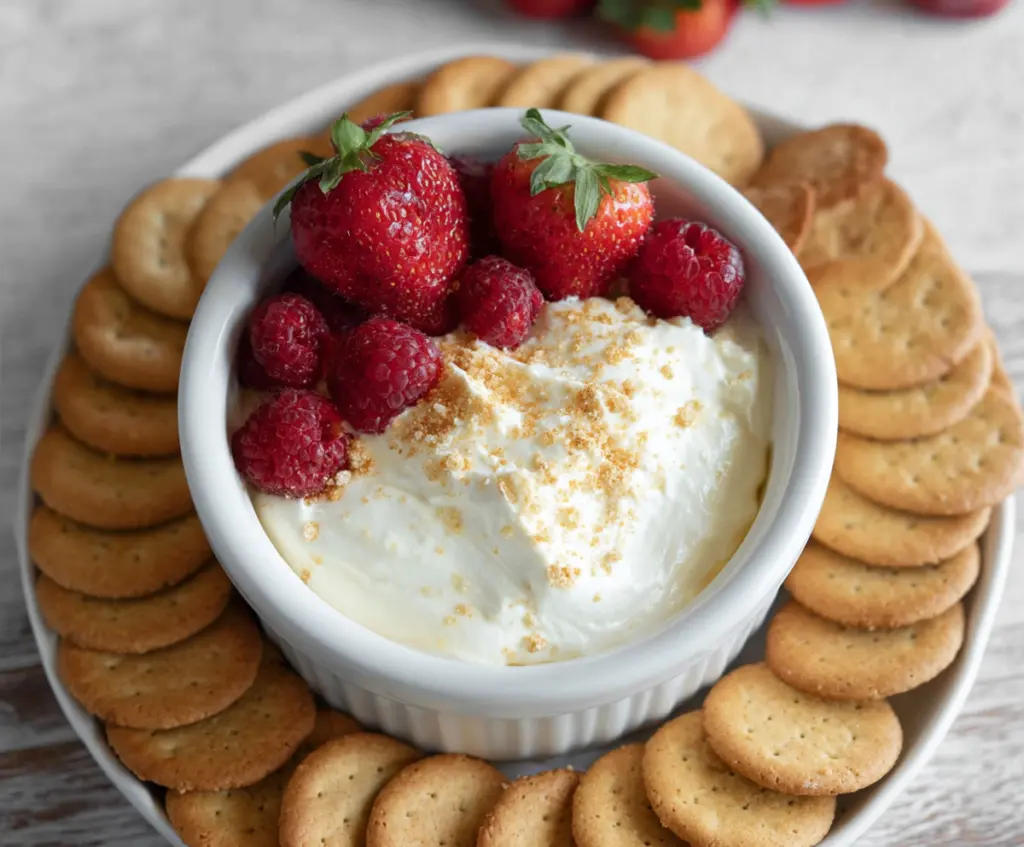 Creamy 3 ingredient cheesecake dip served with fresh fruits and cookies