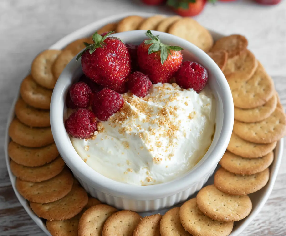 Creamy 3 ingredient cheesecake dip served with fresh fruits and cookies