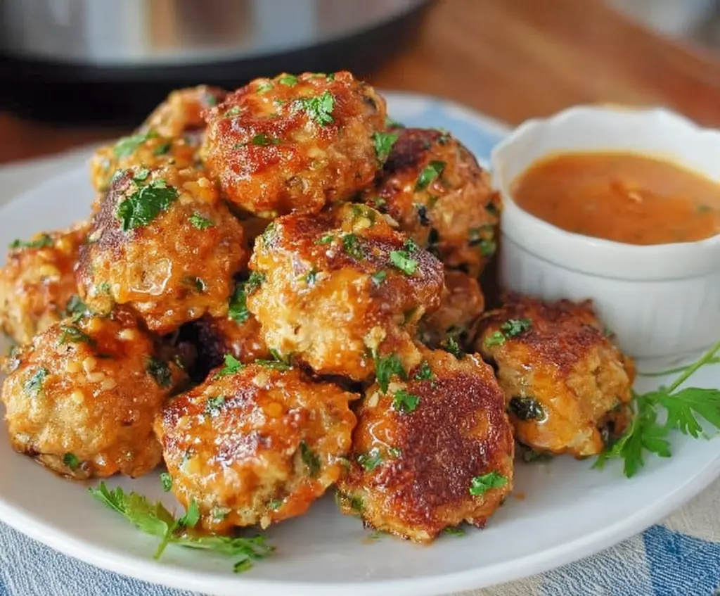 Crispy Air Fryer Bang Bang Chicken Meatballs served with a spicy sauce on a white plate.