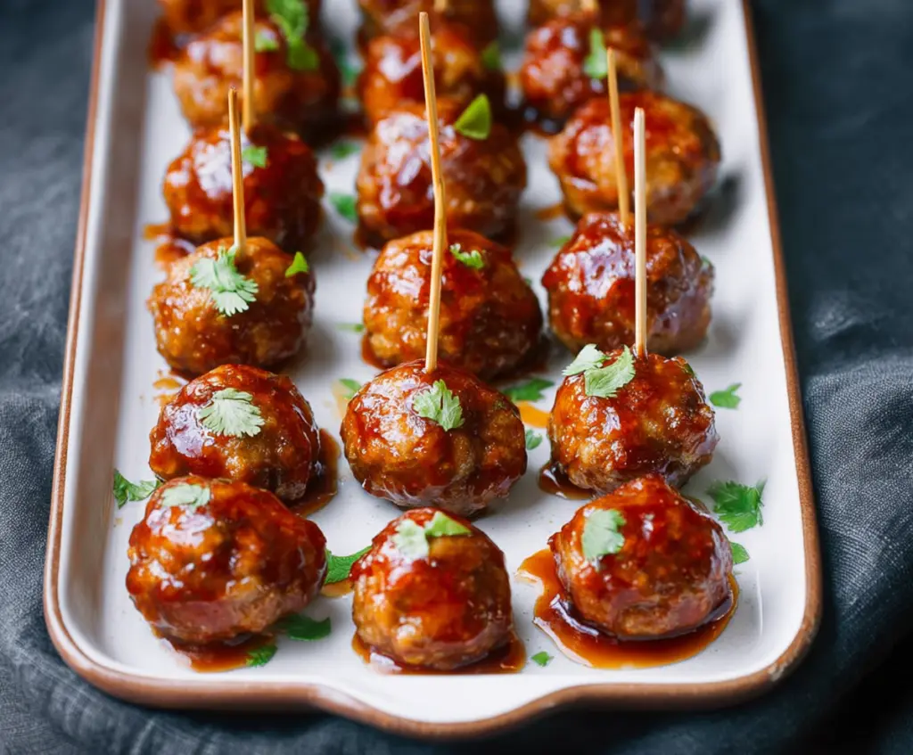 Delicious apricot BBQ cocktail meatballs on a platter, perfect for appetizers and parties.