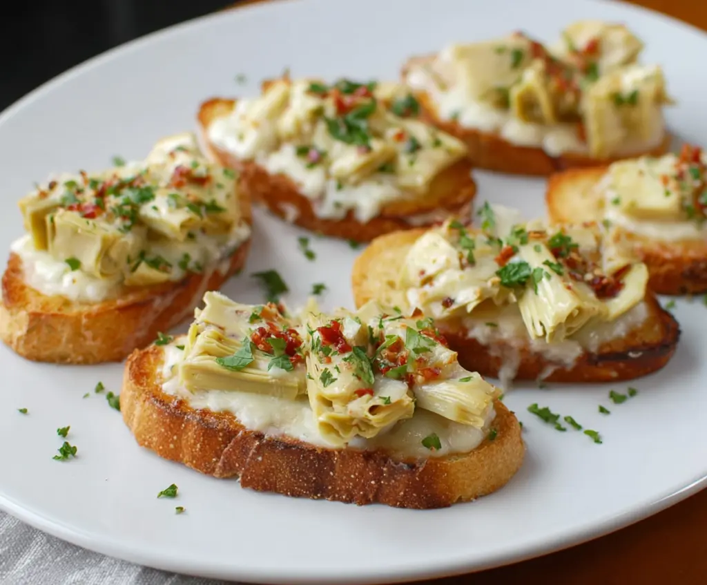 Delicious artichoke bruschetta topped with fresh herbs and melted cheese on toasted baguette slices