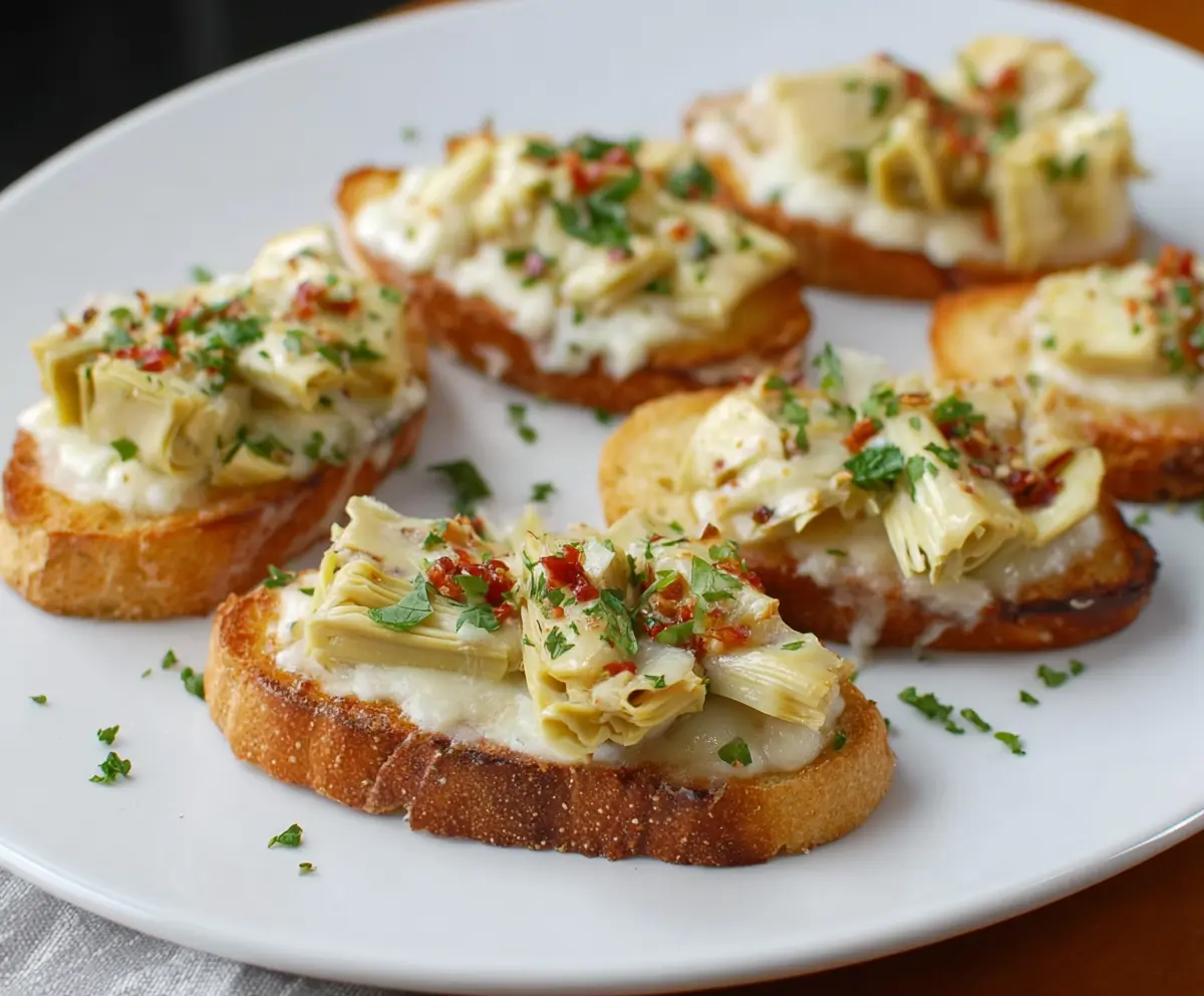 Delicious artichoke bruschetta topped with fresh herbs and melted cheese on toasted baguette slices