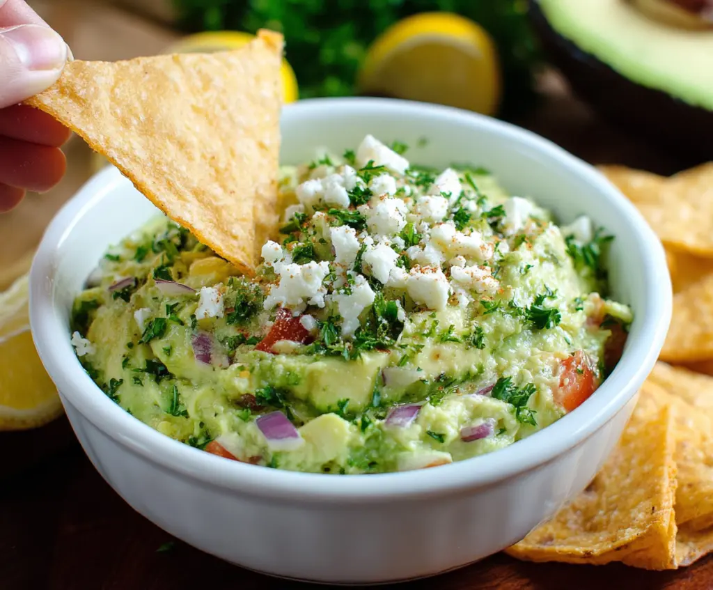 Creamy avocado crack dip served in a bowl with fresh herbs, perfect for parties and snacks.