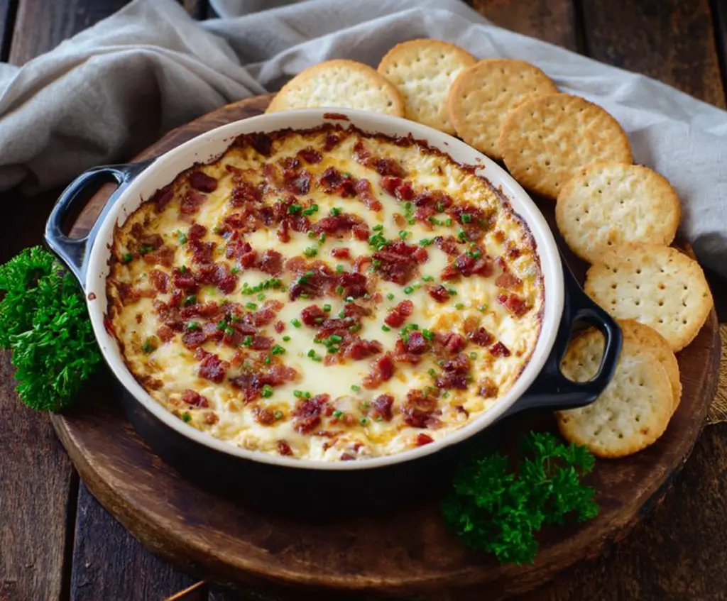 Delicious bacon and Gouda cheese dip with smoked cheese served fresh