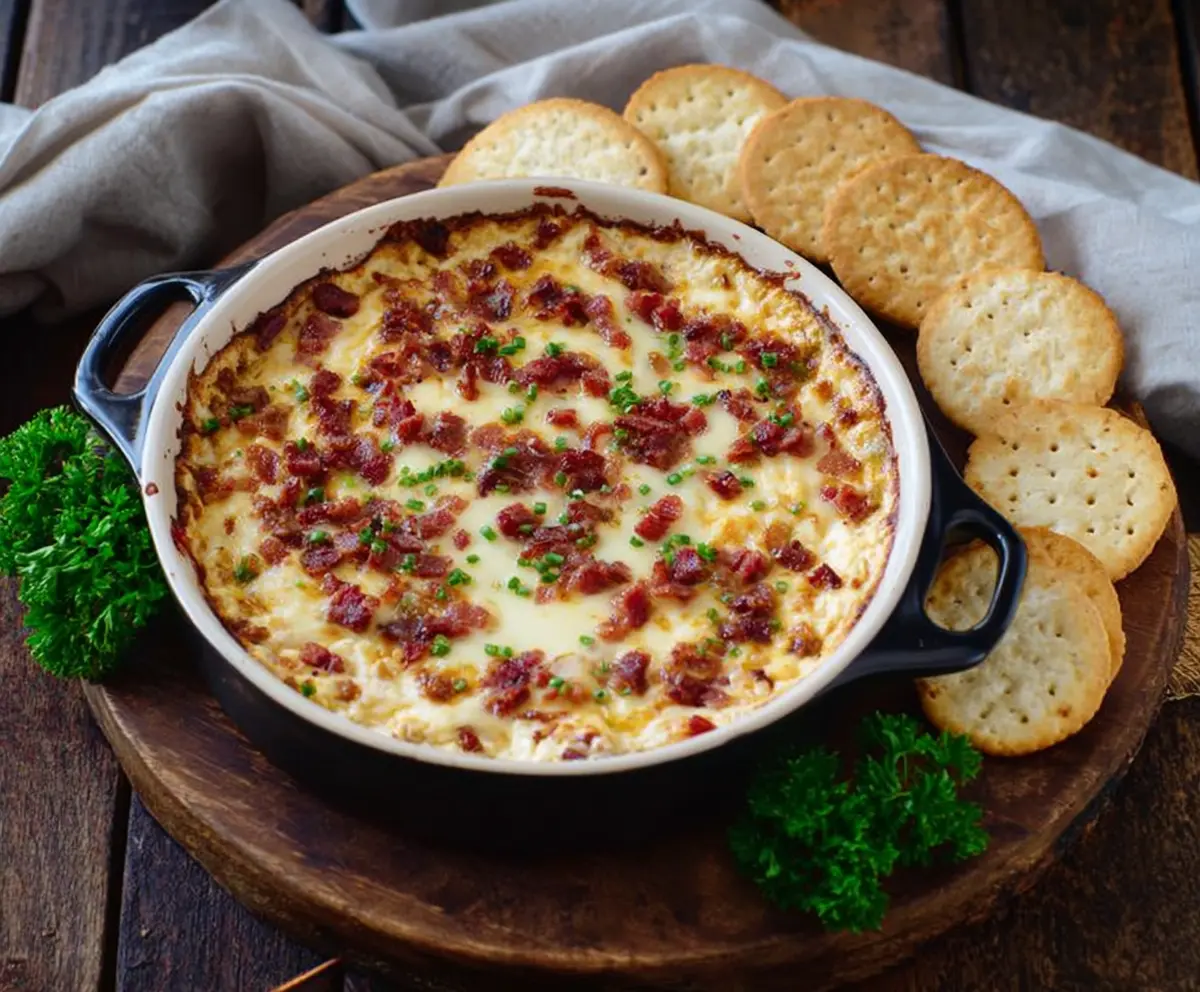 Delicious bacon and Gouda cheese dip with smoked cheese served fresh